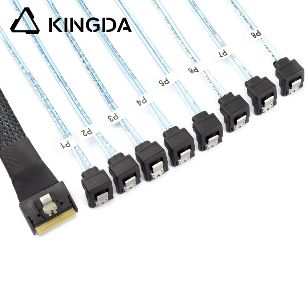 Full-encapsulated SFF 8654 8I to 8 90 degree SATA 7P