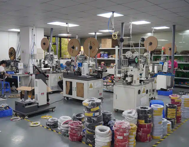 Large-scale cable production workshop at Kingda Cables factory with multiple machines and cable rolls ready for assembly