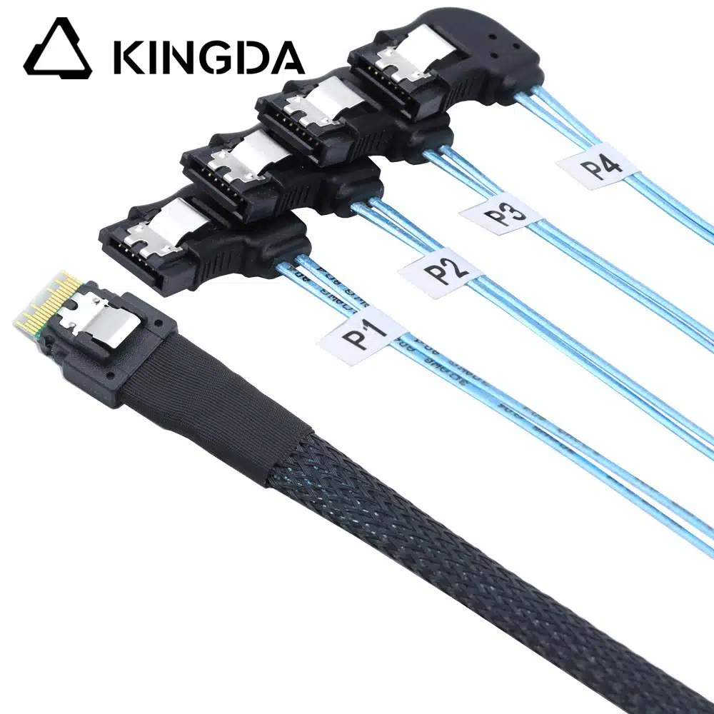 Mini SAS SFF 8654 4I 38P male to 4 left turn SATA 7P