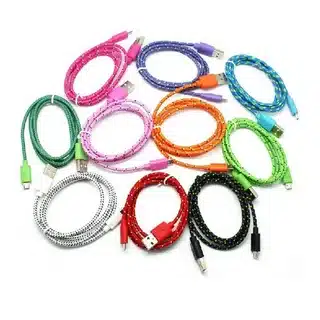 Group of multicolor USB cables showing variety in wire and jacket colors.