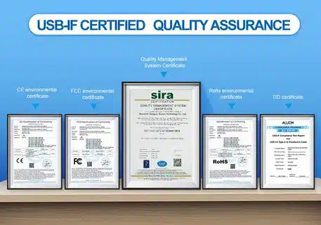 Official USB-IF, CE, FCC, RoHS, and TID certificates displayed for USB compliance.