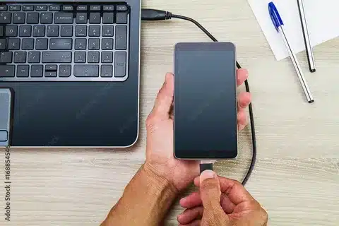 hand plugging Android phone into laptop using USB-C cable