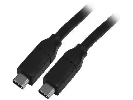 Reliable black USB-C to USB-C cable for charging laptops and phones.