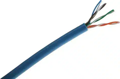 Blue Cat5 network cable with internal twisted pair wires visible