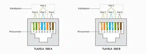 Illustration showing Cat5 wiring diagram with pin numbers and color-coded pairs