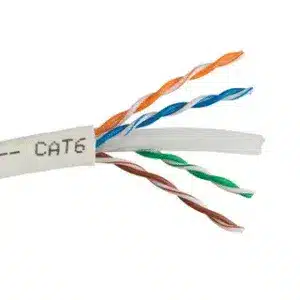Detailed close up of Cat6 Ethernet cable with twisted pair wires exposed