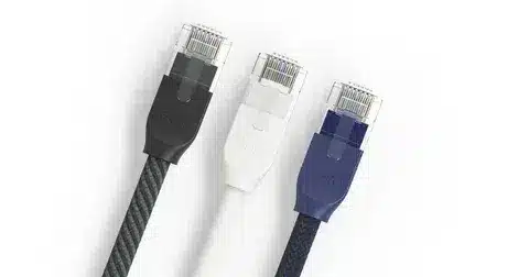 Three Cat6 patch cables with RJ45 connectors in black, white, and blue