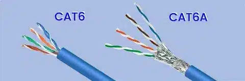 Image showing Cat6 cable next to Cat6a cable highlighting shielding and twisted pairs