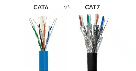 Side by side view of Cat6 and Cat7 Ethernet cables showing wire structure and shielding