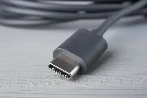 detailed photo of USB-C charging cable on gray background