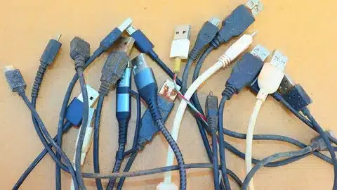 group of tangled USB cables of multiple types placed on a table