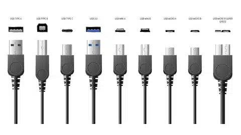 Different types of USB connectors including USB A, USB B, USB C, Mini and Micro USB