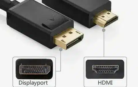 Close up of DisplayPort and HDMI connectors with labeled ports