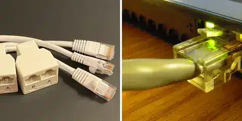 Ethernet splitter adapter and cable showing connected network setup