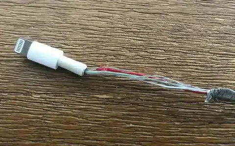 lightning charging cable showing exposed wires on wooden surface