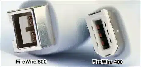 Comparison of FireWire 400 and FireWire 800 ports showing connector shape and size