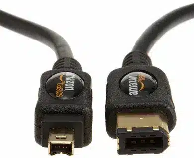 Amazon Basics FireWire cable showing two connector types side by side