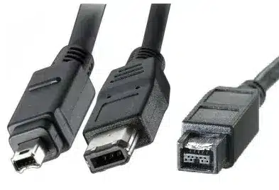 FireWire connectors including mini, 6 pin, and 9 pin types used in IEEE 1394 standard