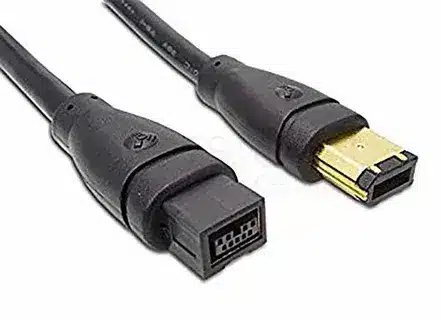 Black FireWire IEEE 1394 cable with two connector types used for data transfer