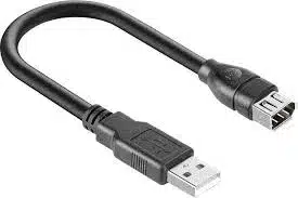 Black FireWire to USB adapter cable designed for connecting older FireWire devices to modern computers with USB ports