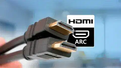 Close up HDMI ARC cable showing connectors and ARC logo