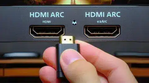 Hand holding HDMI cable in front of HDMI ARC and eARC ports