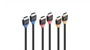 several HDMI cables lined up with color-coded ends