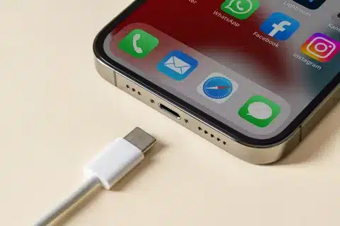 iPhone 15 bottom edge with USB-C port and charging cable
