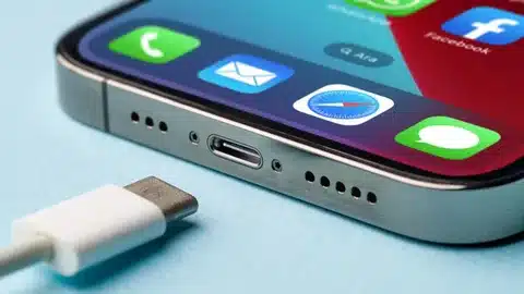 close-up of iPhone with USB-C charger placed near port
