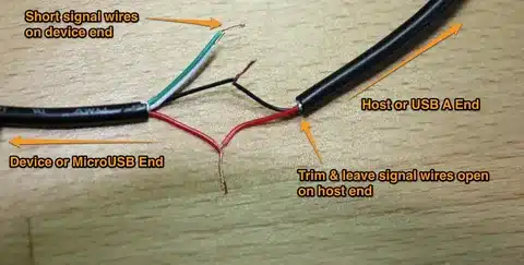 exposed USB cable showing host and device ends with signal wires open