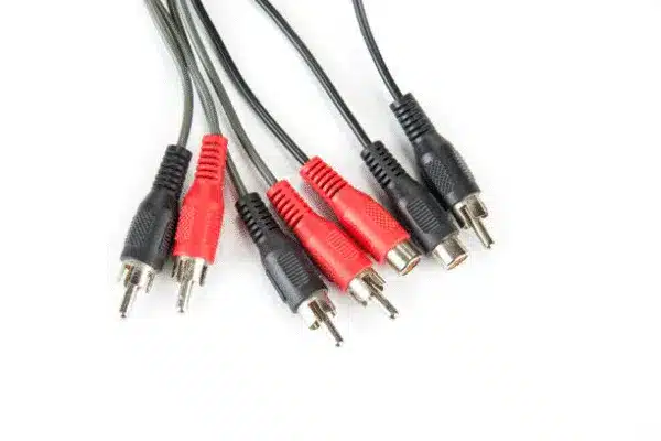 RF audio video cables with red and black connectors for signal transmission.