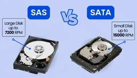 SAS and SATA drives compared with labels showing different RPM speeds