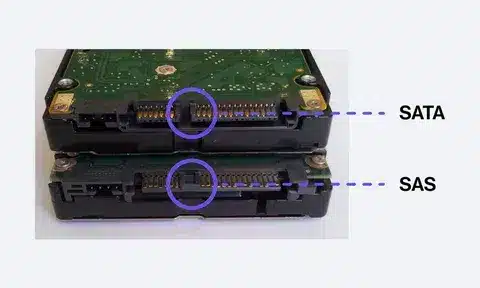 Diagram showing labeled SAS and SATA connectors on storage drives