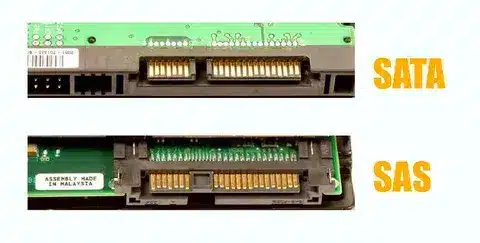 Close up of SATA connector compared to SAS connector on hard drives