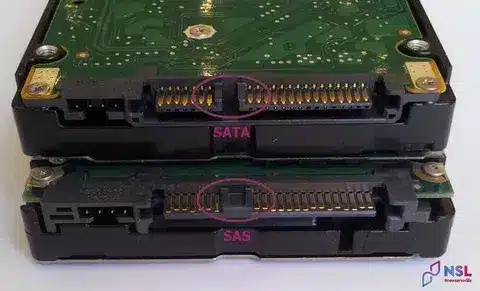 Comparison of SATA and SAS connectors on enterprise storage drives