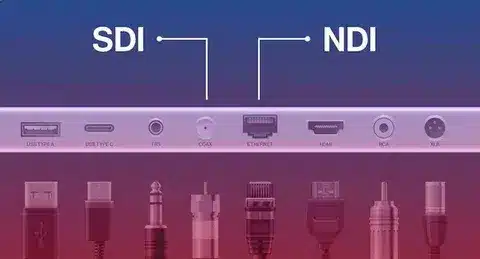 SDI and NDI interface ports with different connectors for video transmission.