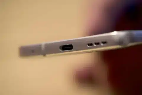 close-up of phone with USB-C port for charging and data transfer