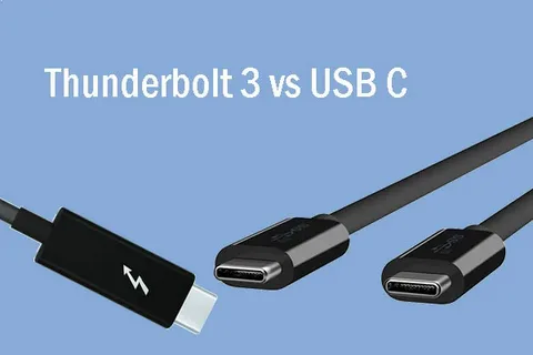 Thunderbolt 3 cable connector beside two USB-C connectors