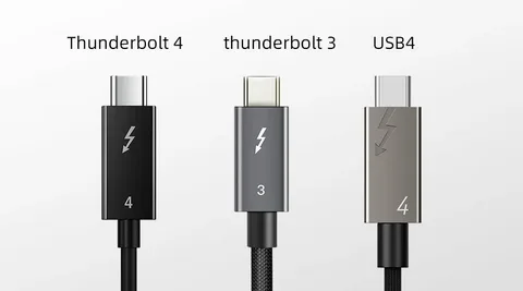 different cables labeled Thunderbolt 4, Thunderbolt 3, and USB4