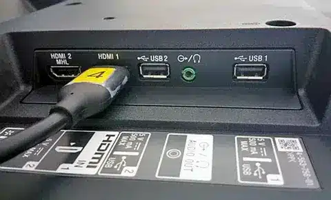 Close up of TV back panel with HDMI ARC and USB ports