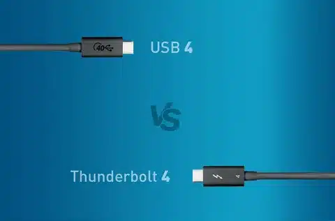 USB 4 cable next to Thunderbolt 4 cable highlighting differences