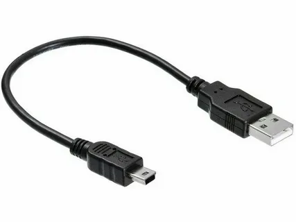 black cable with USB A connector on one end and Mini USB connector on the other