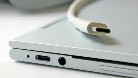 laptop charging port with USB-C cable ready to connect