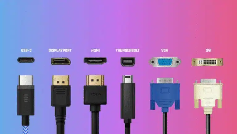 lineup of USB-C, DisplayPort, HDMI, Thunderbolt, VGA, and DVI monitor cables with ports