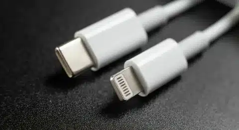 close view of USB-C to Lightning cable ends for iPhone charging