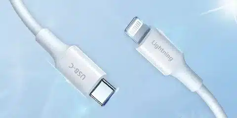 USB-C to Lightning cable with connector labels shown on light blue background