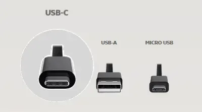 side-by-side comparison of USB-C, USB-A, and Micro USB charging cables
