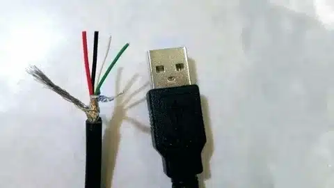 close up of USB cable showing red, black, white, and green wires