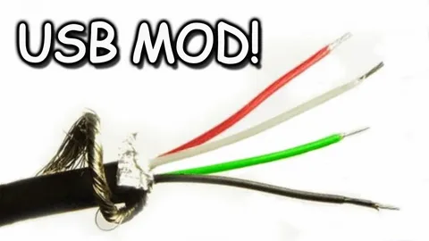 USB cable with red, white, green, and black wires exposed for wiring mod