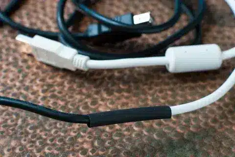 Close up of USB cable connection joined and insulated using heat shrink tubing